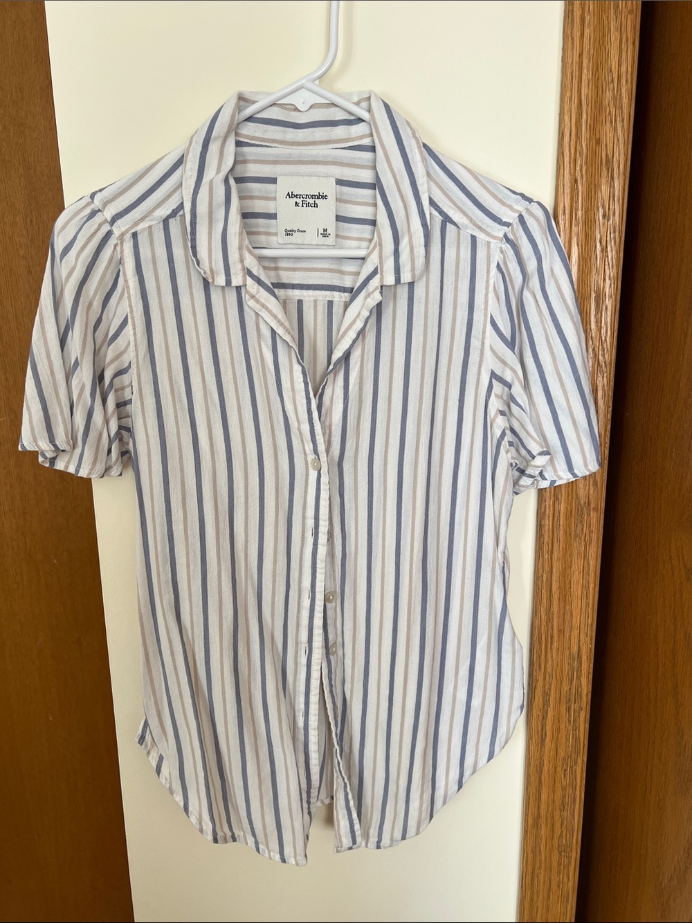 Abercrombie & Fitch White Button-Down Shirt with Blue and Tan Stripes